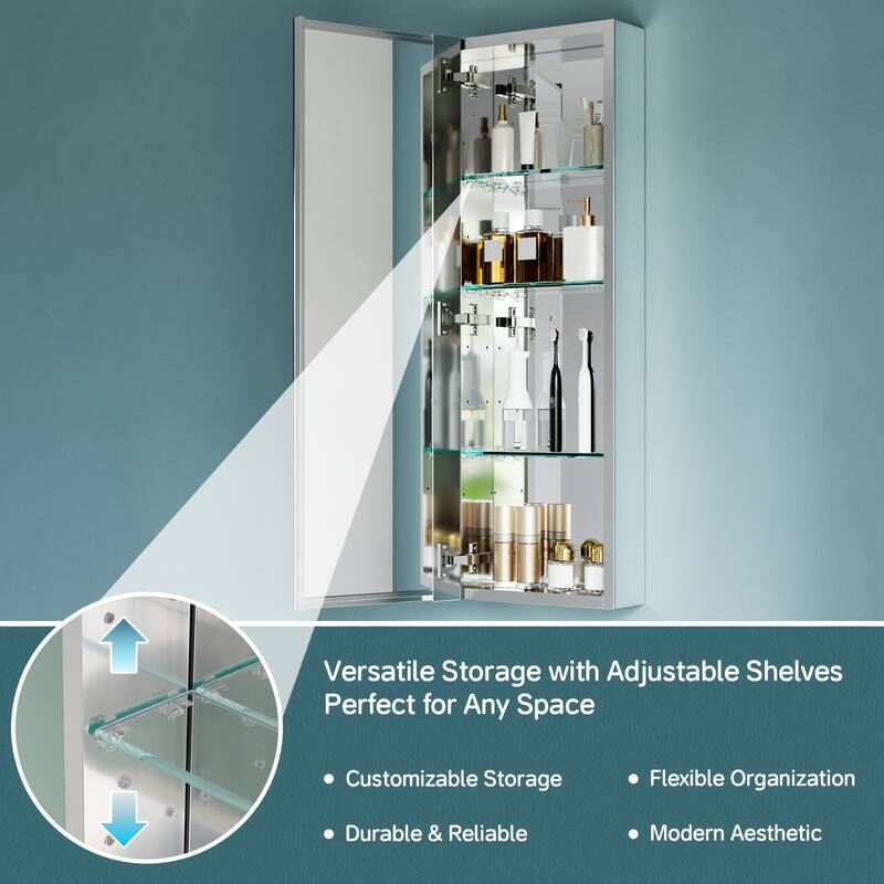 12x36" Tri-View Mirrored Medicine Cabinet with Soft-Close Blum Hinges, Recessed/Surface Mount, Reversible Door, Aluminum Body