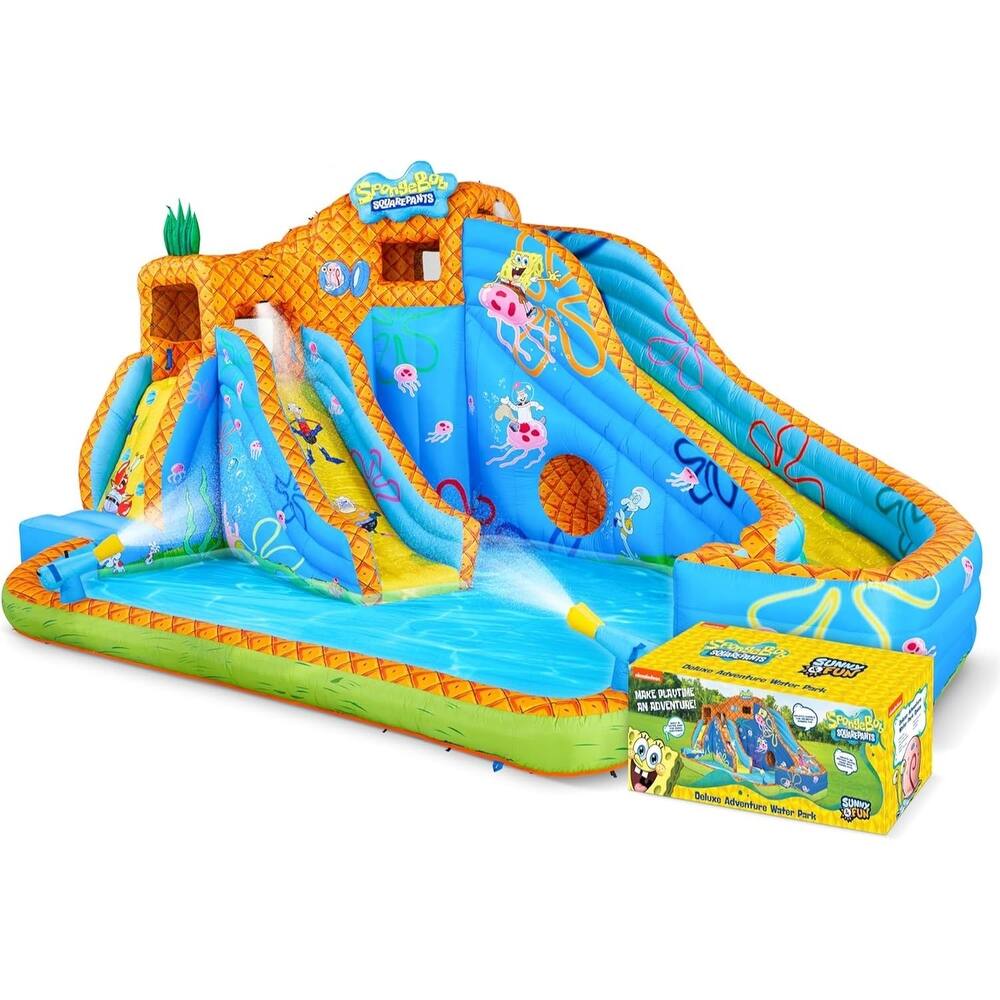 Sunny & Fun SpongeBob Deluxe Inflatable Water Slide with Climbing Wall, 2 Slides & Splash Pool - One Size