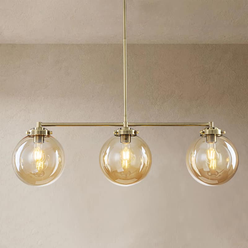 3-Light 33.46" Modern Gold & Antique Bronze Amber Glass Globe Linear Pendant - 33.46" W × 10.24" H × 7.87" D