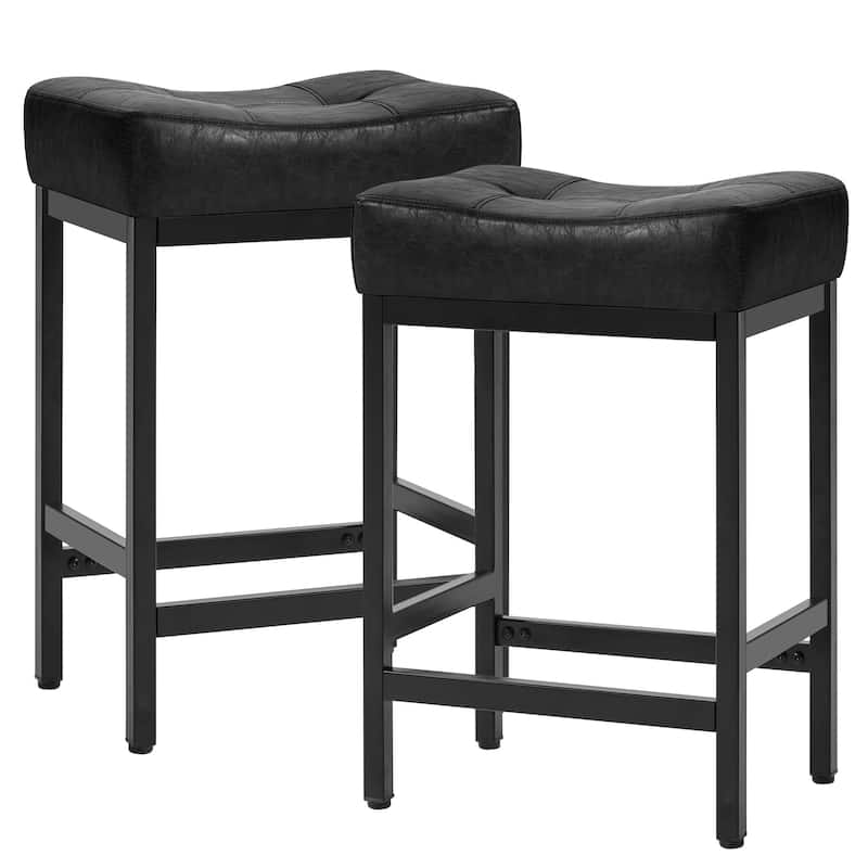 Upholstered PU Leather Bar Stools Set of 2, 24" Counter Height Saddle Bar Stools