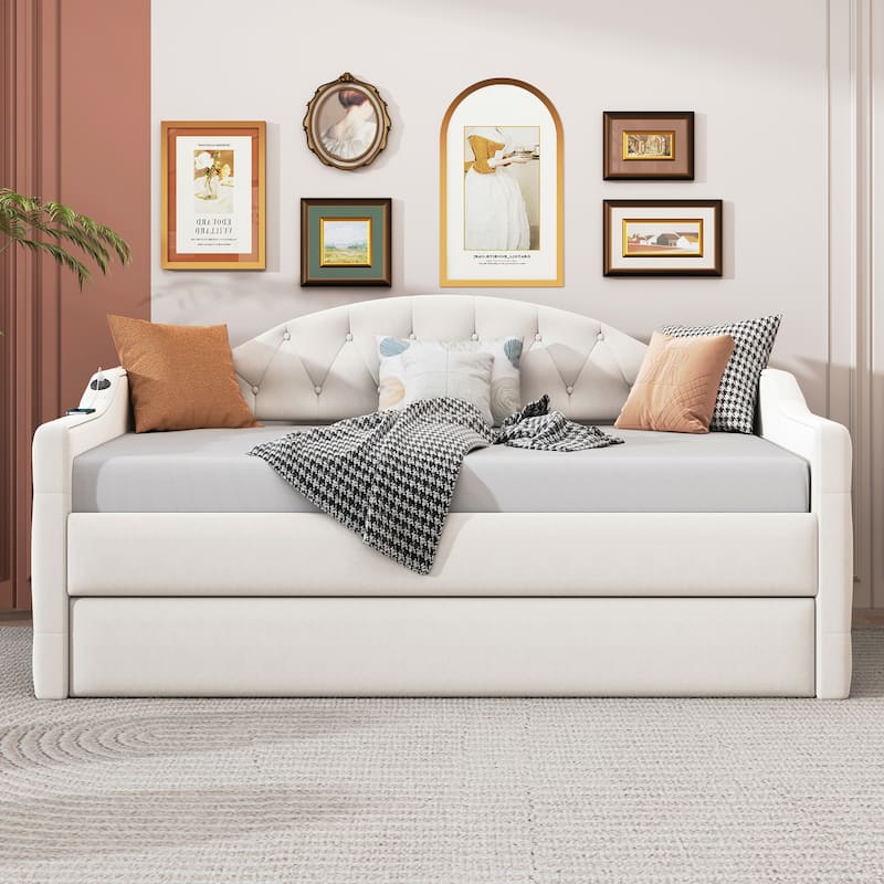 Wooden Slat Daybed Frame, Tufted Upholstered Sofabed with Trundle Bed, USB & Type-C Charging Ports on Armrest, Velvet Panel Bed - Beige - Twin