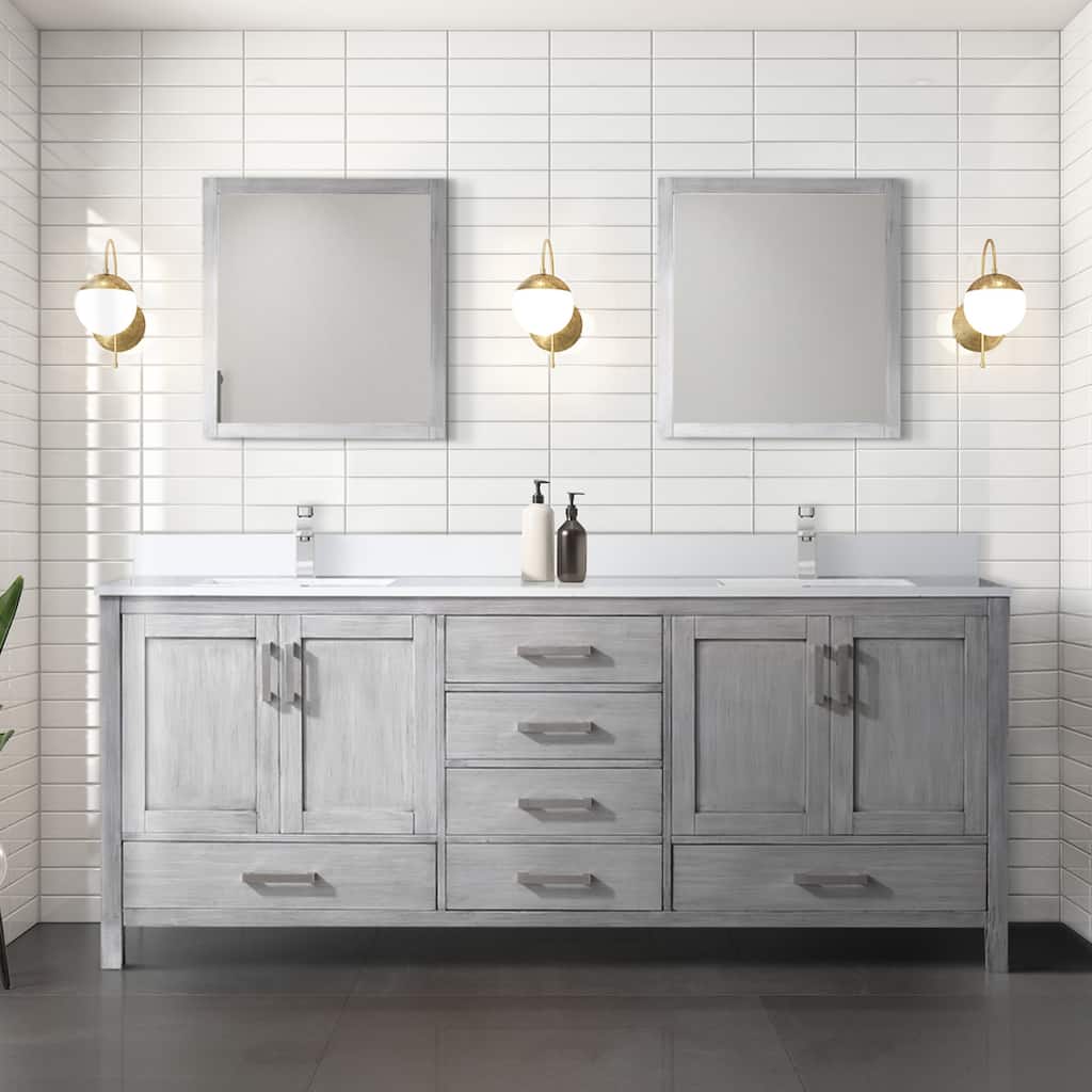 Jacques 80 in. W x 22 in. D Distressed Grey Double Bath Vanity, White Quartz Top, and 30 in. Mirrors