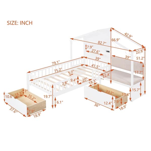 Wooden Twin Size House Bed with Upholstered Sofa, Charging Station & Storage