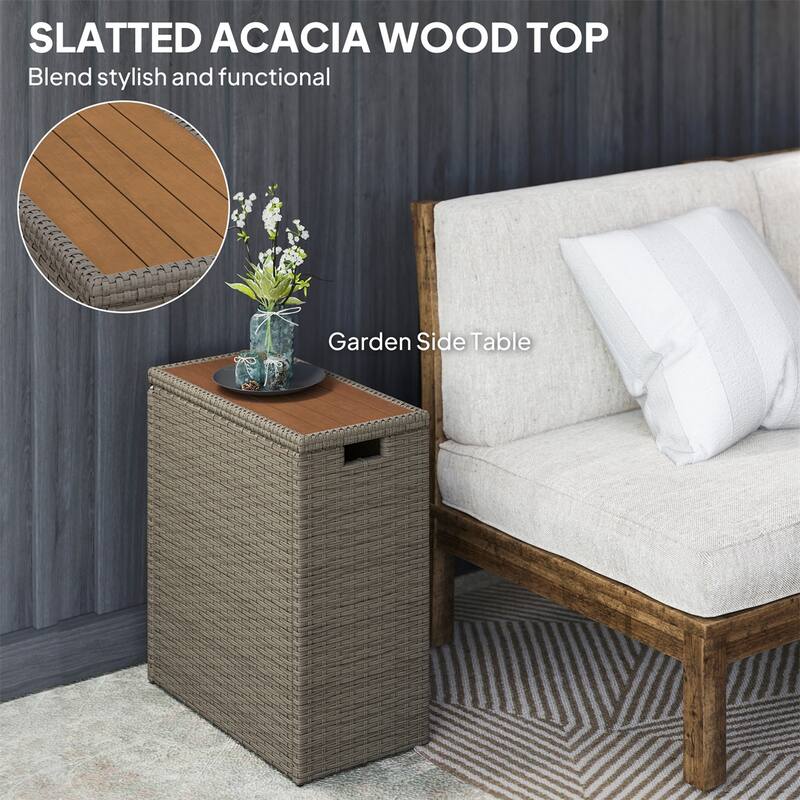 Outdoor Deck Box with Acacia Wood Top PE Rattan Steel Storage Chest Patio Garden Side Table - 11" W x 21.7" D x 23.6" H