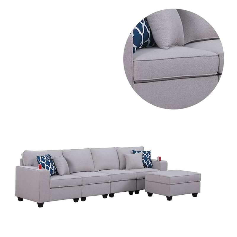 Linen Upholstered 4-Seater Sofa with Ottoman in Light Gray