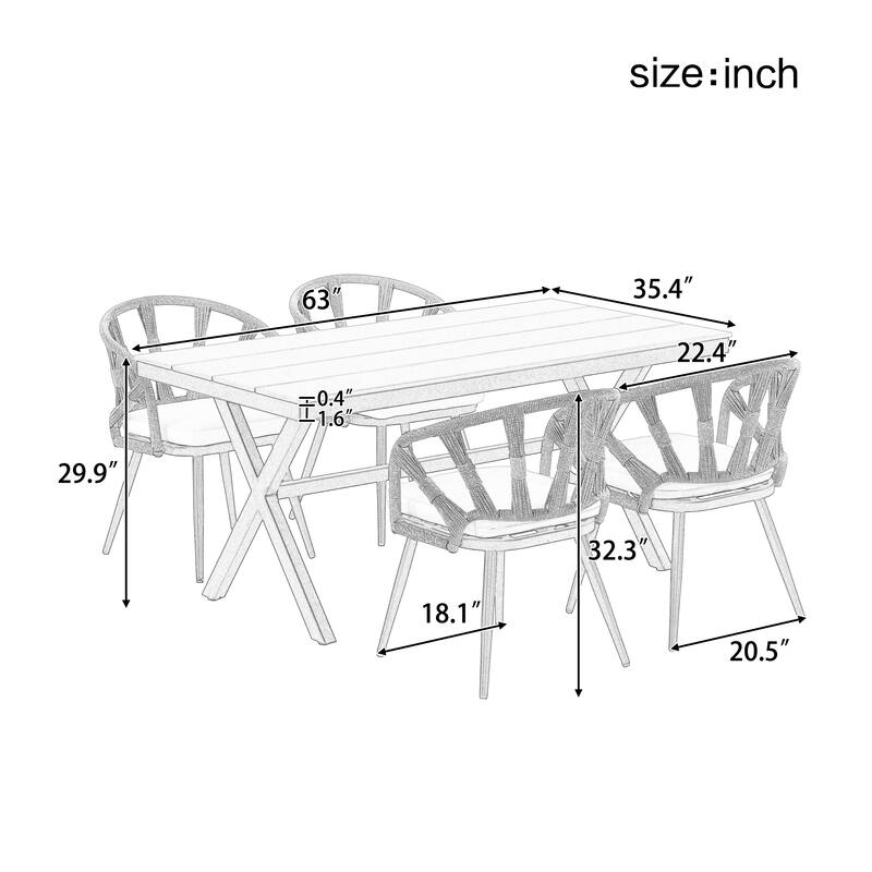 5 Pcs Outdoor Dining Table and Chairs Set, Patio Furniture Sets with PE Rattan Chairs and Rectangular Wood Table