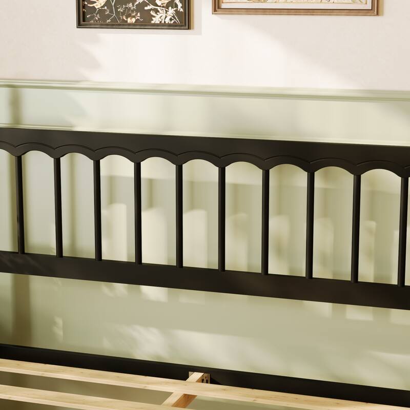 Solid Wood Bed Frame: Classic American - style Design with Black Finish and Rounded Post - tops