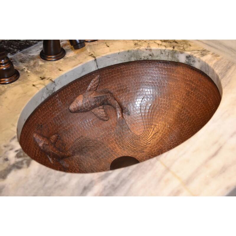 19-in Oval Under Counter Hammered Copper Bathroom Sink with Koi Fish Design (LO19FKOIDB)