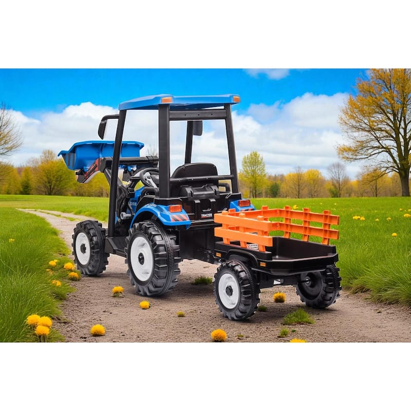 24V Kids Ride On Tractor with Remote Control, Electric Pedal Car with Trailer, Working Loader & Backhoe Digger