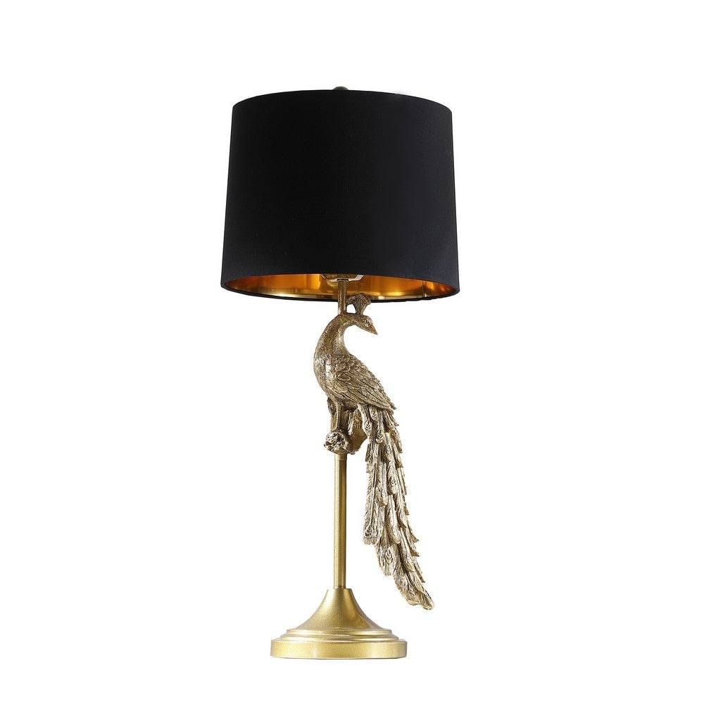 29 Inch Gold Polyresin Sculpture Peacock Table Lamp with Black Drum Shade - 12 L x 12 W x 29 H Inches