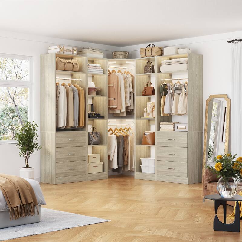 Corner Closet System with 6 Drawers & 4 Hanging Rods,Set of 3,Reversible Walk-in Closet Organizer System with Adjustable Shelves - White Oak