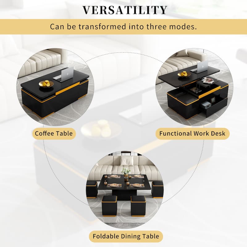 Lift-Top Coffee Table with 4 Stools - Space-Saving, Foldable, Multi-Functional