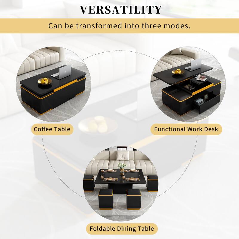 Lift-Top Coffee Table with 4 Storage Stools, Modern Space Saving Center Table with Foldable Top