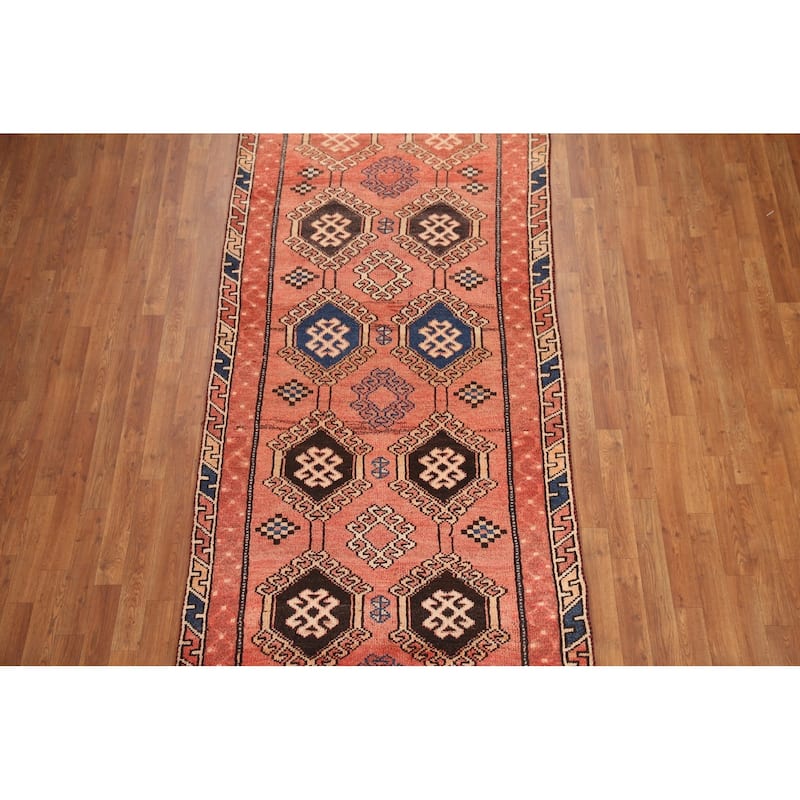 Hand Knotted Oriental 100% Wool Carpet Traditional Geometric Red Qashqai Runner Rug - 8' 9'' X 4' 0''