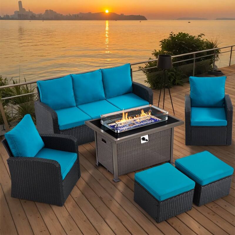 6/7-Piece Rattan Patio Set w/Optional Fire Pit Table – Outdoor Conversation Sectional, Weather-Resistant Wicker Furniture