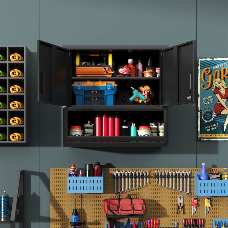 Metal Wall-Mounted Tool Storage Cabinet with Locking Door and 1 Shelf 1 Opened Drawer