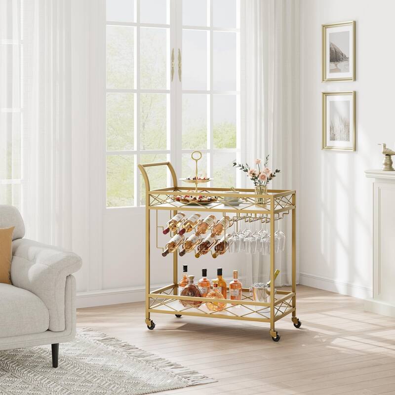 Gold Bar Cart, 2 Tier Bar Cart with Wheels for Home