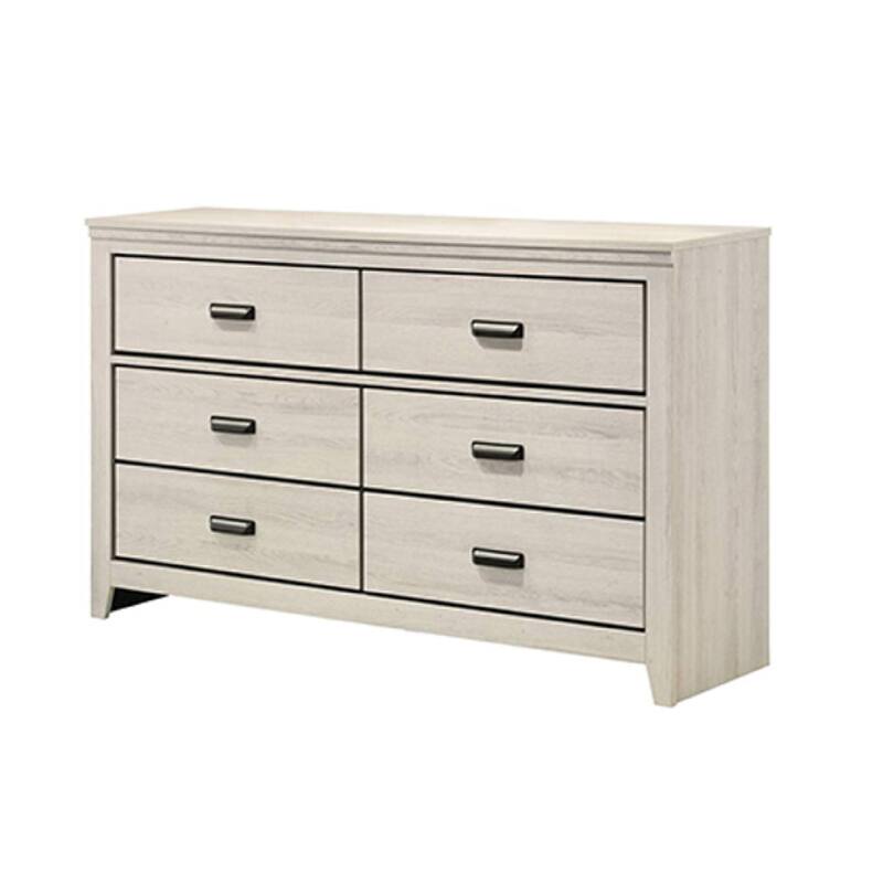 Lei Bedroom Wide Dresser Chest with 6 Drawers, Distressed White Wood