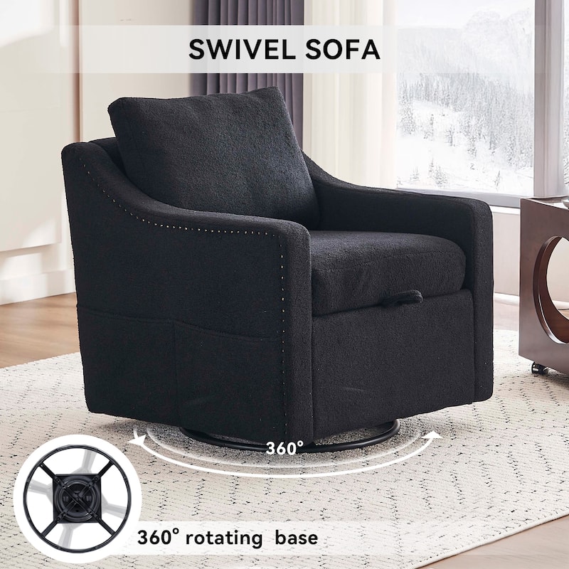 Teddy Upholstered Swivel Accent Chair, Single Sofa Chair with High Backrest, Lounge Armchair with Metal Base & Side Pocket