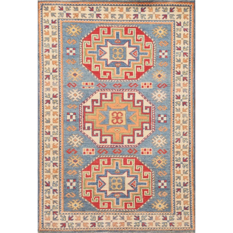 Light Blue Kazak Accent Rug Handmade Wool Carpet - 2'7" x 4'3"