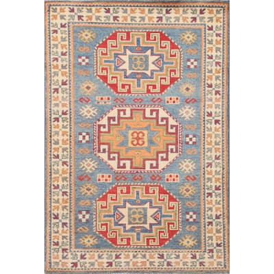 Light Blue Kazak Accent Rug Handmade Wool Carpet - 2'7" x 4'3"