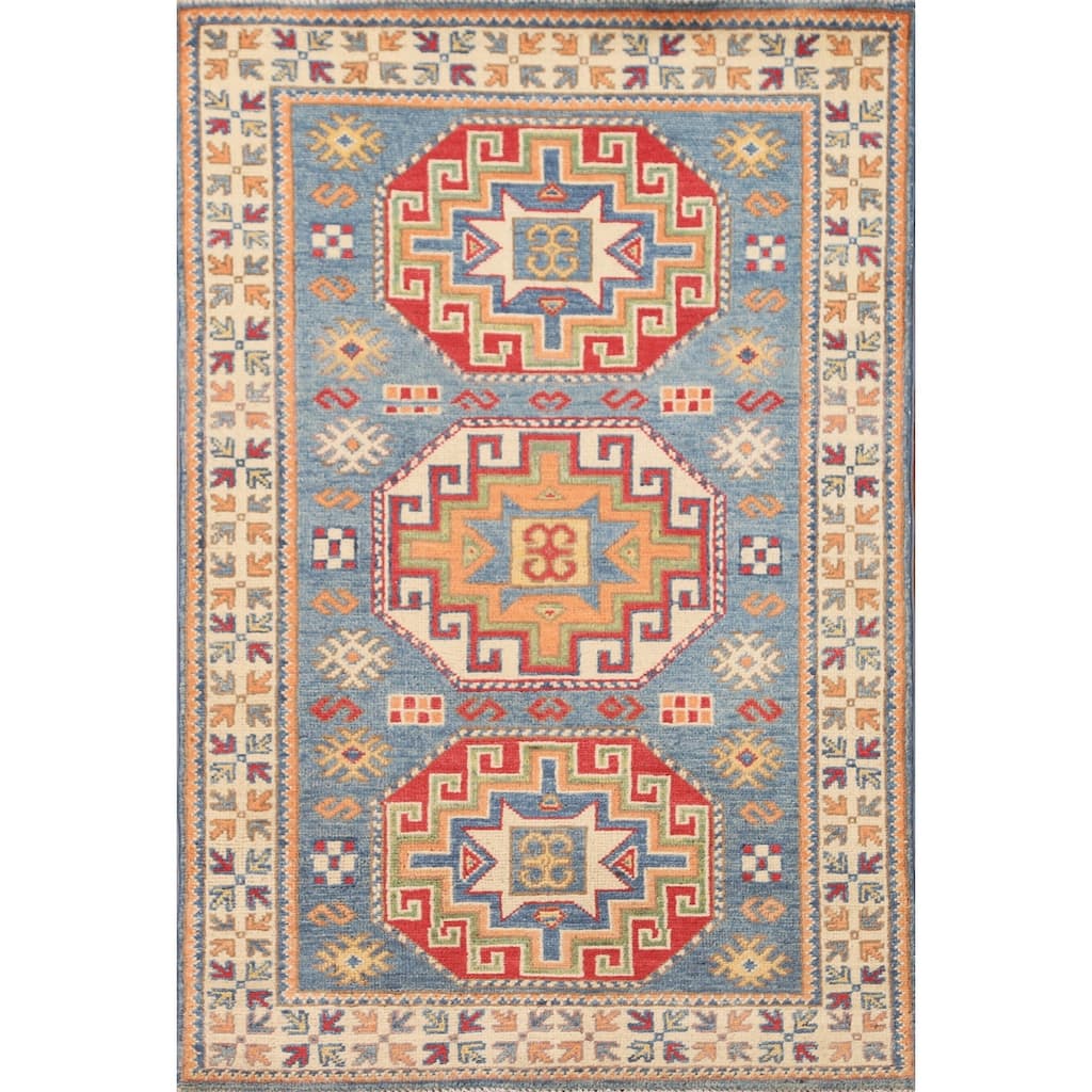 Light Blue Kazak Accent Rug Handmade Wool Carpet - 2'7" x 4'3"