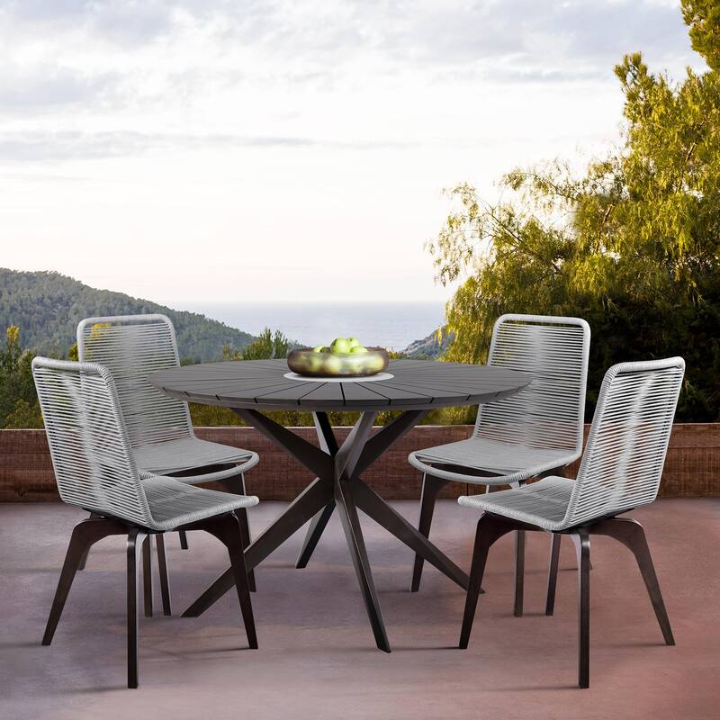 Island Modern Bohemian Solid Eucalyptus Wood and Woven Rope Outdoor Dining Chairs - Set of 2