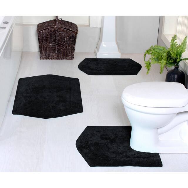 Home Weavers Waterford Collection Genuine Absorbent Cotton 3-Piece Bath Rug Set 17"x24", 21"x34", 20"x20" - Black