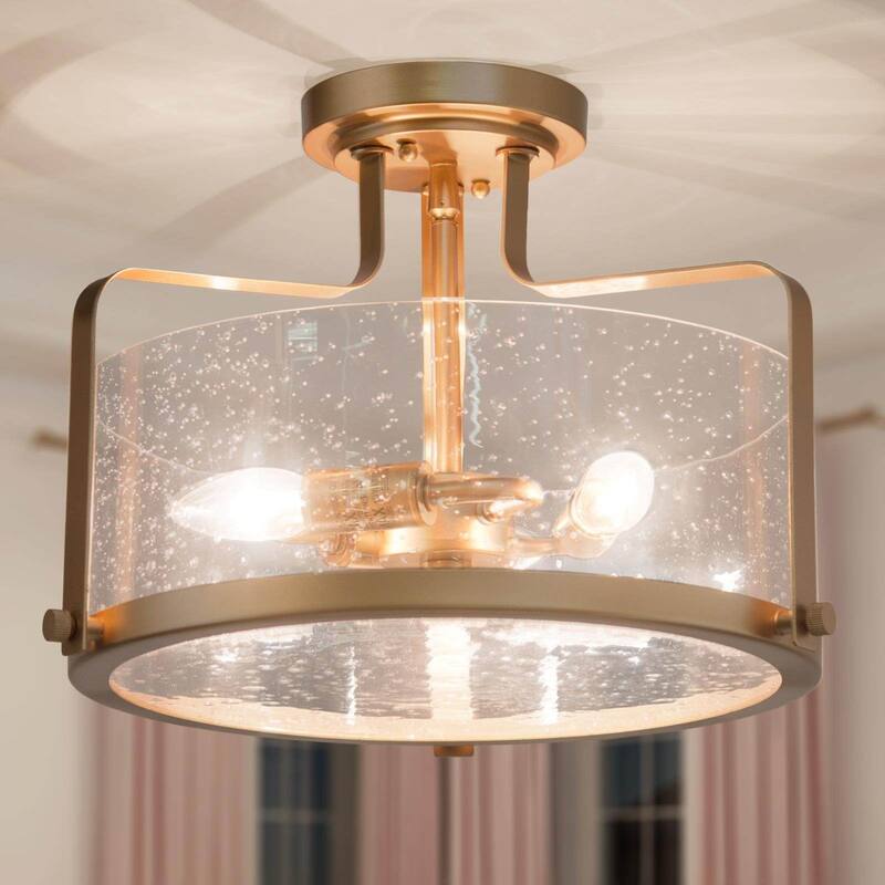 Modern Gold 3-Light Drum Glass Semi-flush Mount Ceiling Lights - D15"xH10.2" - Dark Gold