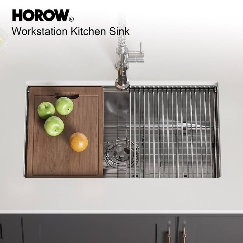 HOROW 16G Stainless Steel 30 in. Single Bowl Undermount Workstation Kitchen Sink with Cutting Board, Bottom Grid, Strainer