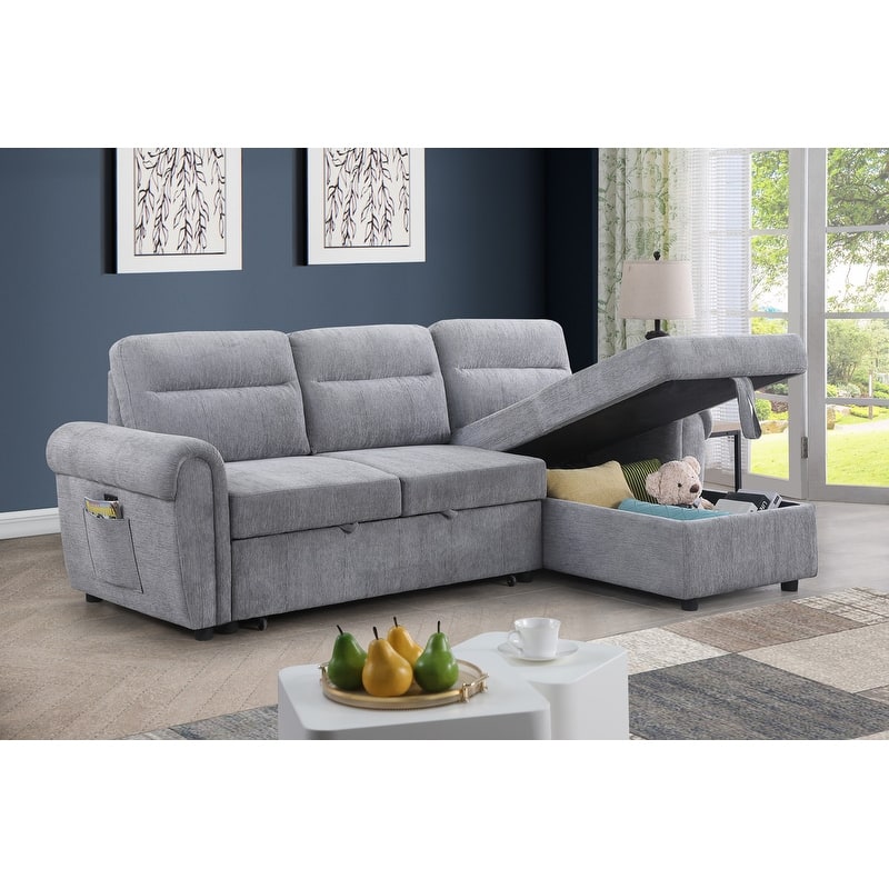Hugo 97"W Chenille Rev. Sleeper Sectional Sofa Chaise USB Chargers, Phone/Magazine Pockets
