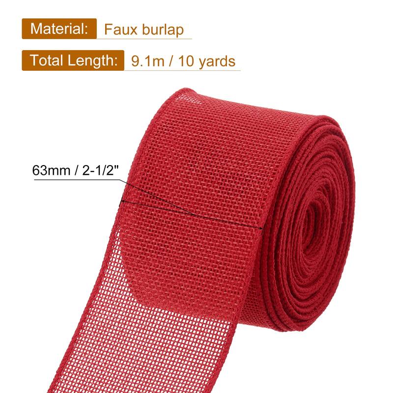 Burlap Wired Ribbon, 10 Yards Fabric Ribbon Roll - Red - 2.5"