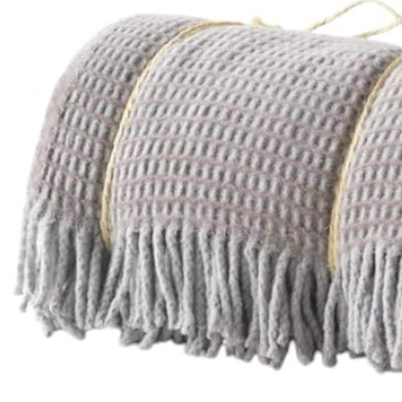 HomeRoots 55" X 70" Taupe And Gray Cotton Blend Woven Checkered Plush Throw Blanket with Fringe