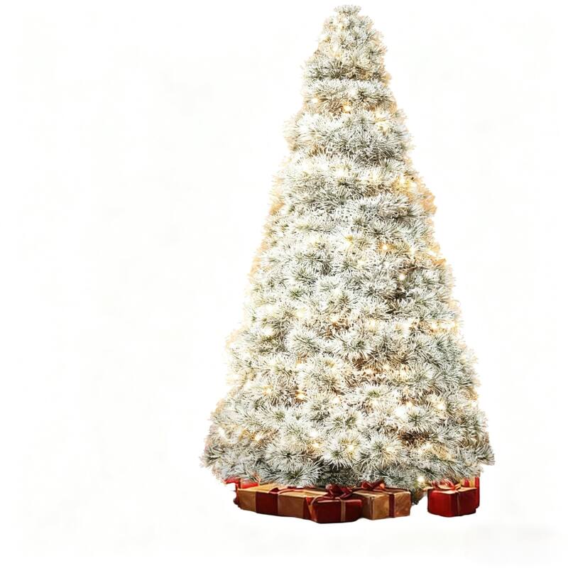 HomeRoots 9' White Pre Lit Full Flocked Spruce Christmas Tree - 58.00 in. x 108.00 in. x 58.00 in.