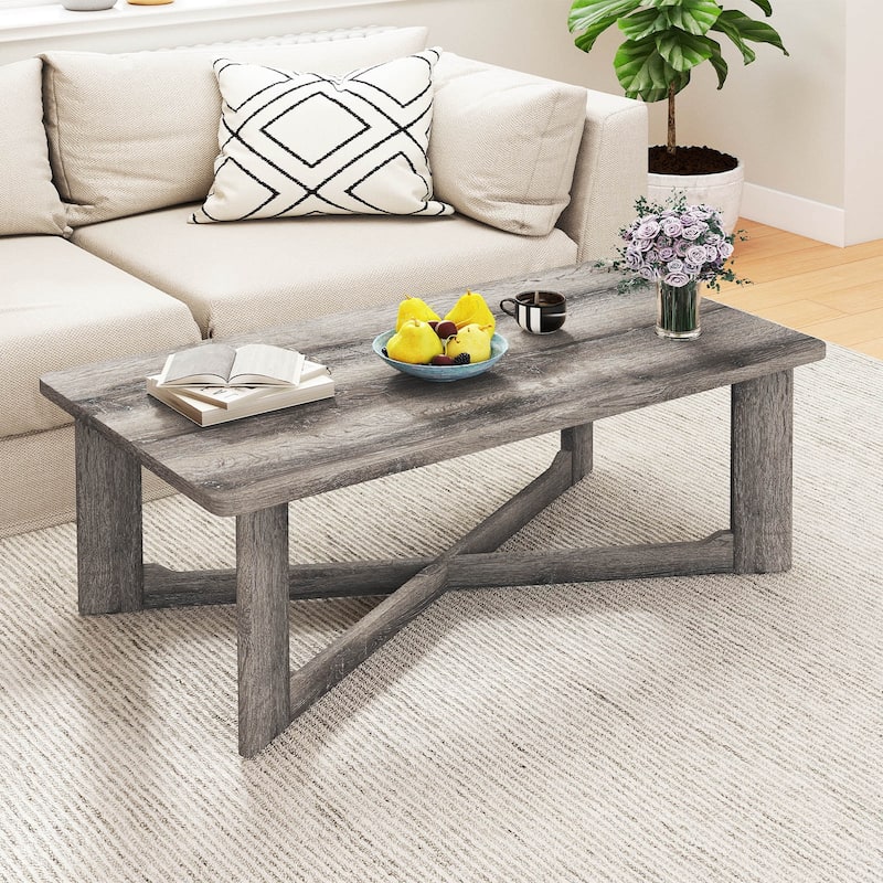 Gymax Coffee Table Solid Rubber Wood Center Table w/ X-Shaped Base for