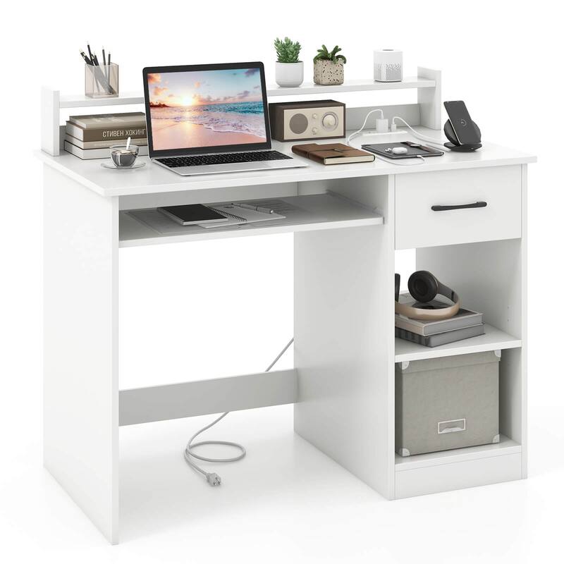 Costway White Computer Desk with Charging Station Drawer Removable & - See Details - White - See Details