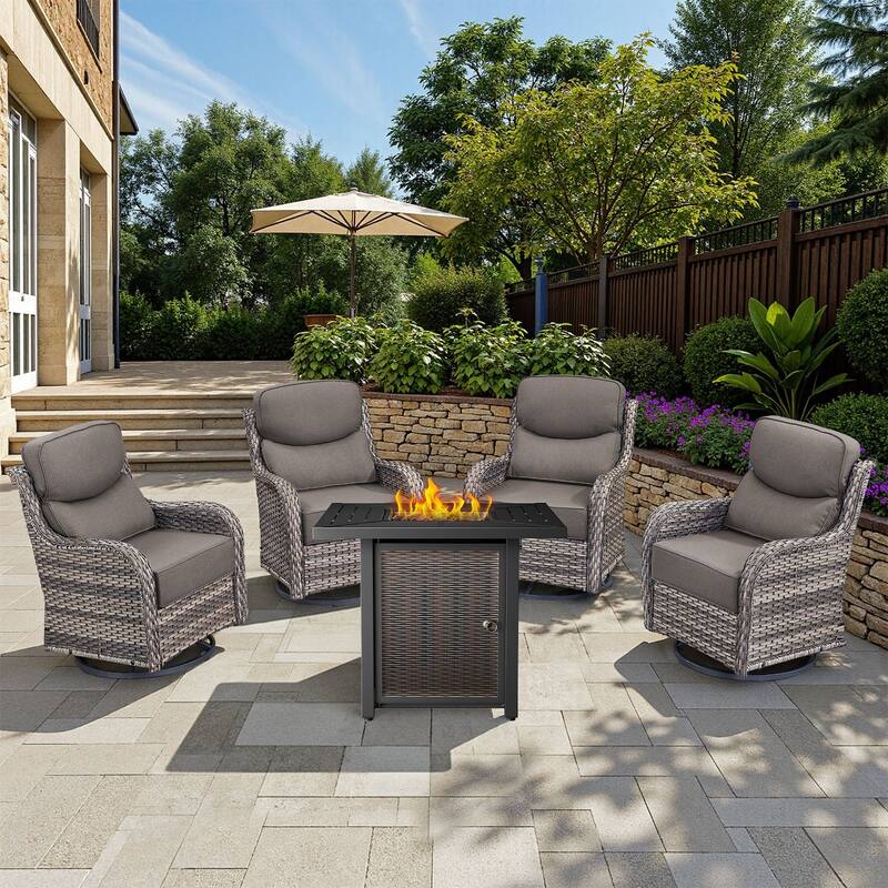 Arcadia 5-Piece Wicker Patio Set with 4 Swivel Glider Chairs and Square All-Iron Fire Pit - Gray Cushions - Gray Wicker