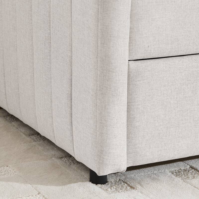 Twin/Full Size Daybed with Trundle, Upholstered Sofa Bed with Vertical Stripes, Linen Fabric, Comfortable Seating for Bedroom