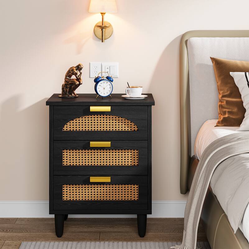Wood/ Rattan Nightstand Bedside Table with 3-drawer