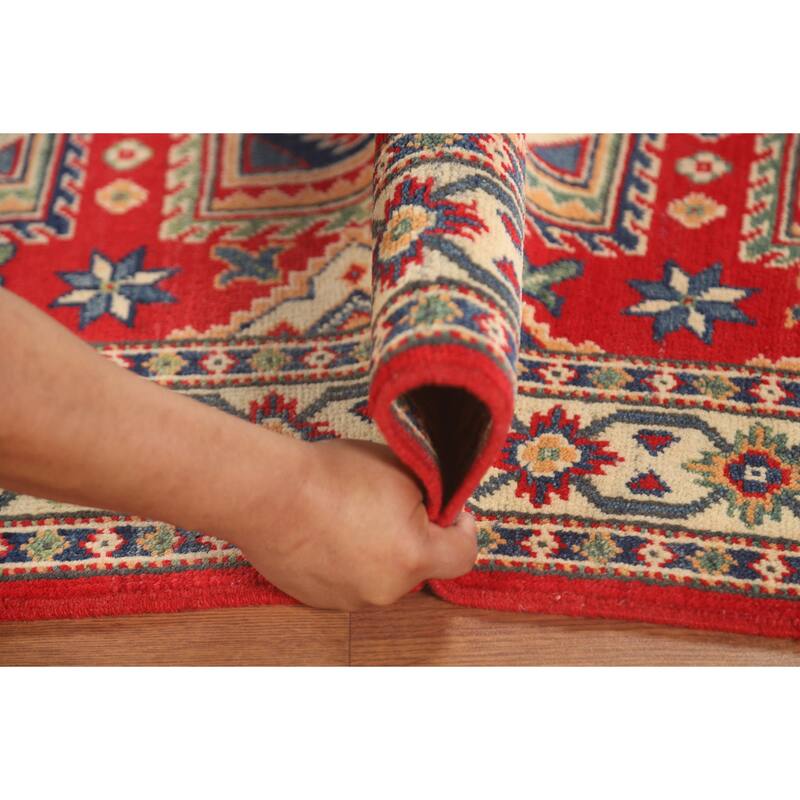 Geometric Kazak Runner Rug Hand-Knotted Red Wool Carpet - 2'9" x 9'4"
