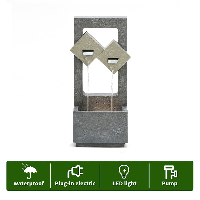 Cascading Grey Resin Rectangular Outdoor Fountain with LED Lights