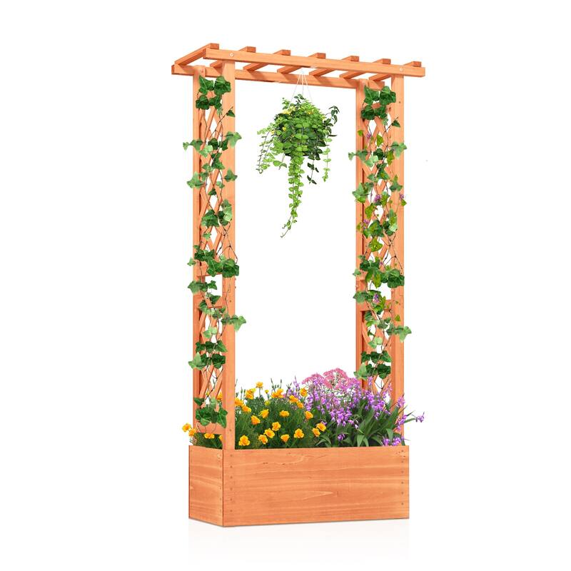 Gymax Raised Garden Bed Planter Box w/ Side & Top Trellis for Vine