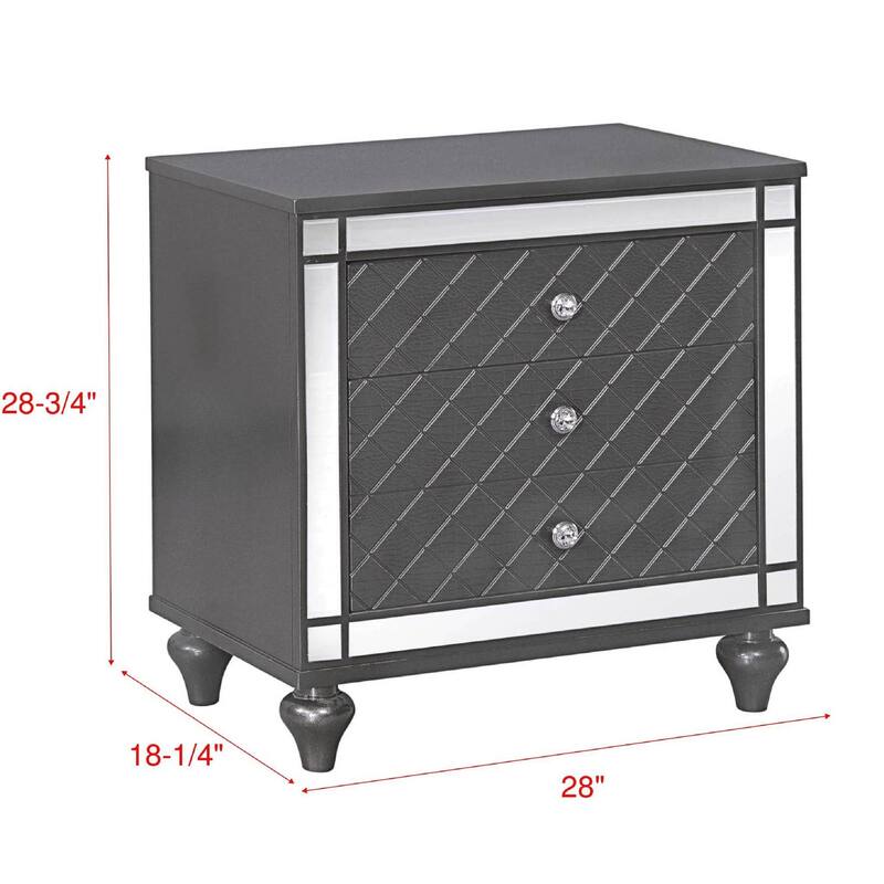 1Pc Glam Contemporary Style 3-Drawer Nightstand End Table with Mirror Plating Tapered Legs Bedroom Solid Wood Wooden Furniture - Grey