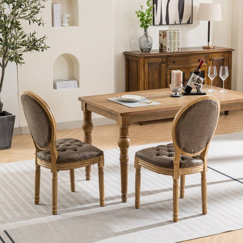 French Style Solid Wood Frame Antique Painting Linen Fabric Back Dining Chair - Brown PU