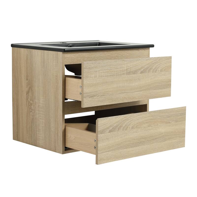 Modern 24" Floating Bathroom Vanity with Black Ceramic Basin, Soft-Close Drawers, Water-Resistant Melamine Surface