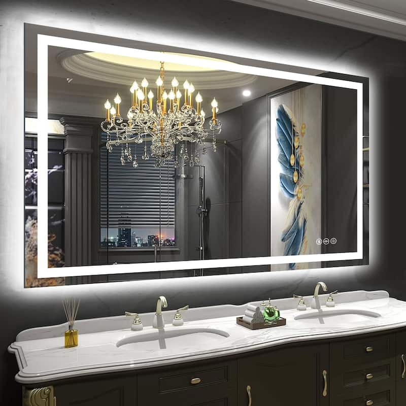 Extra Large LED Bathroom Mirror Anti-Fog Tempered Wall Vanity Mirror with Double Light Strip, Dimmable, UL-Listed