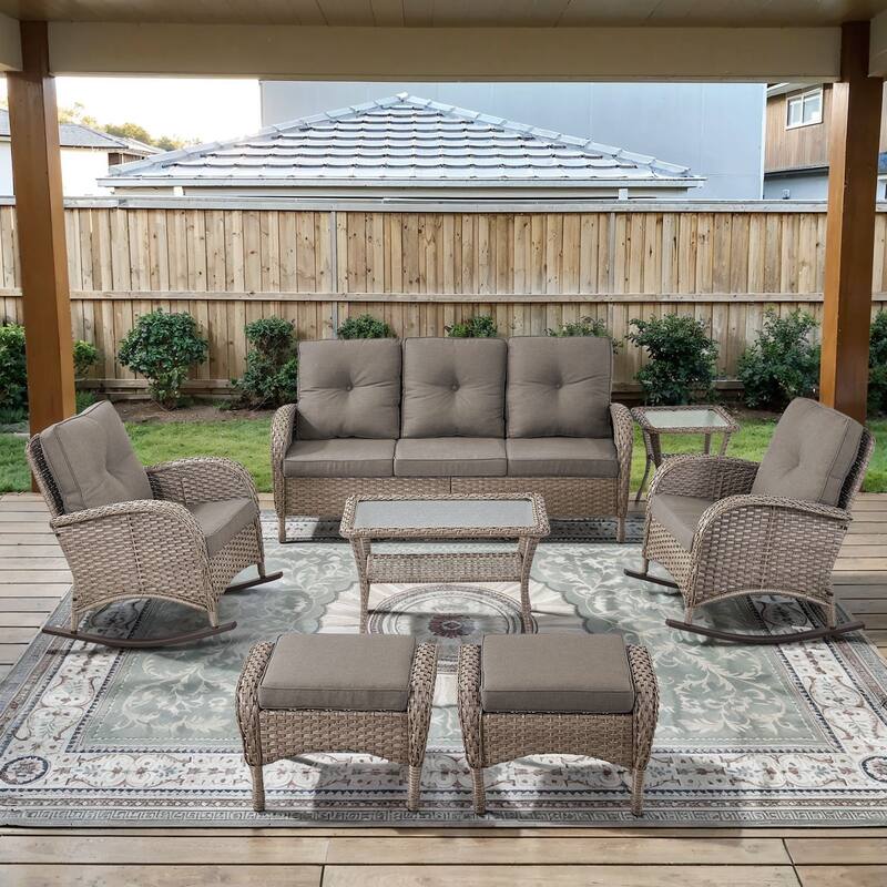 Gymojoy Outdoor Wicker Patio Furniture Sofa Chair Set Weather-Resistant - Grey Wicker / Grey Cusion - Sofa Set - included Rocking Chairs