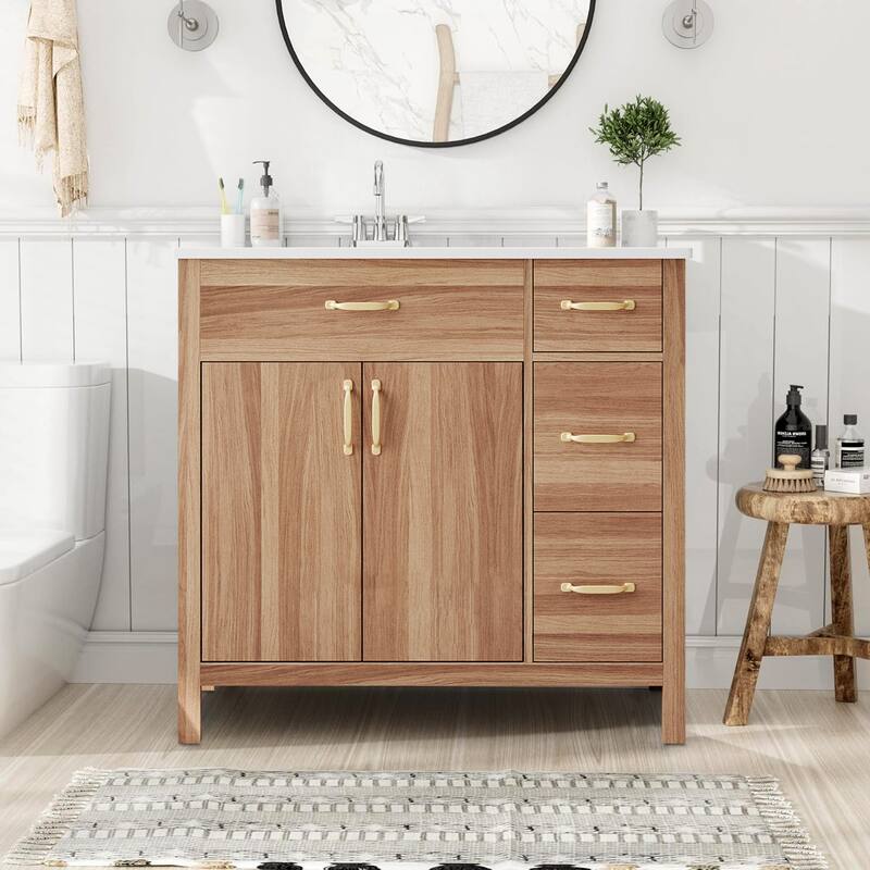 36" Bathroom Vanity with Solid Wood Frame,And Ceramic Sink - Wood