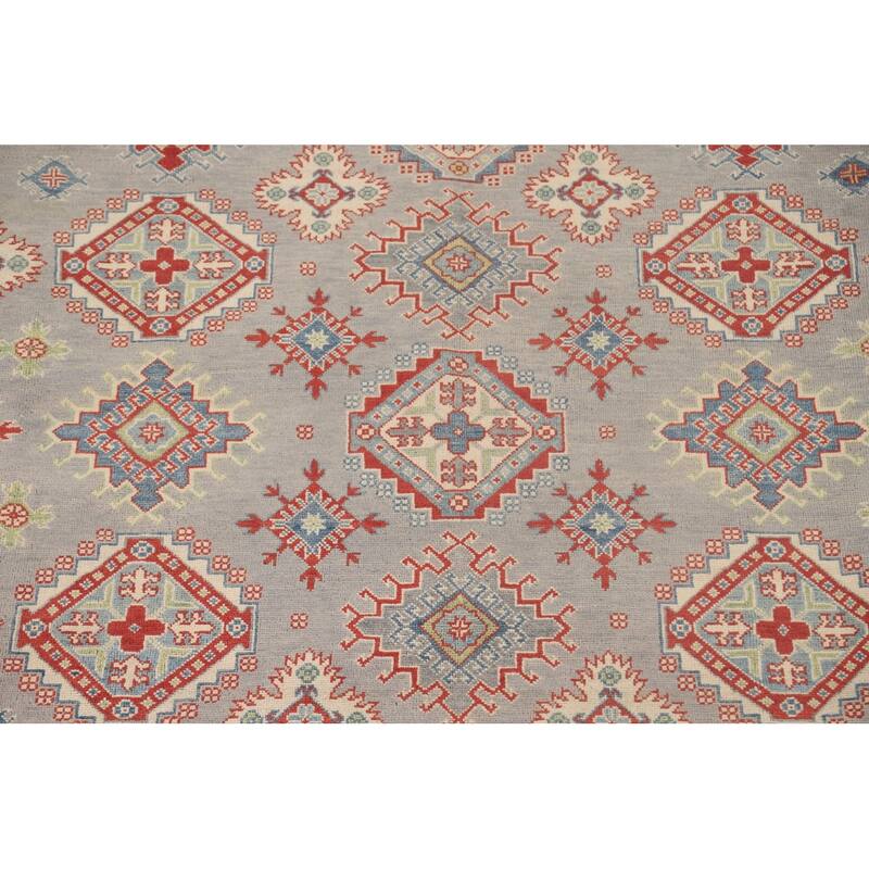 Geometric Kazak Oriental Area Rug Handmade Grey Wool Carpet - 8'2" x 10'0"