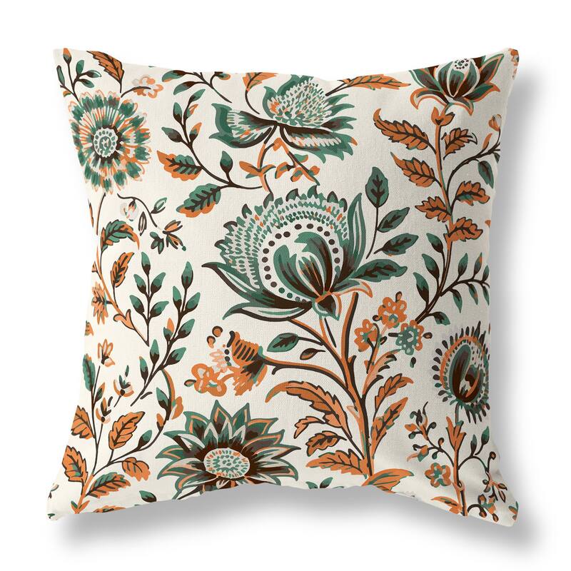 Orange And Teal Sanganeri Block Print Faux Suede Throw Pillow Zipper